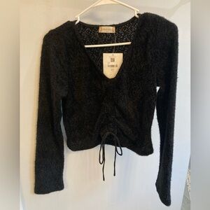 NWT Altar'd State fuzzy black cropped sweater with a drawstring front tie Medium